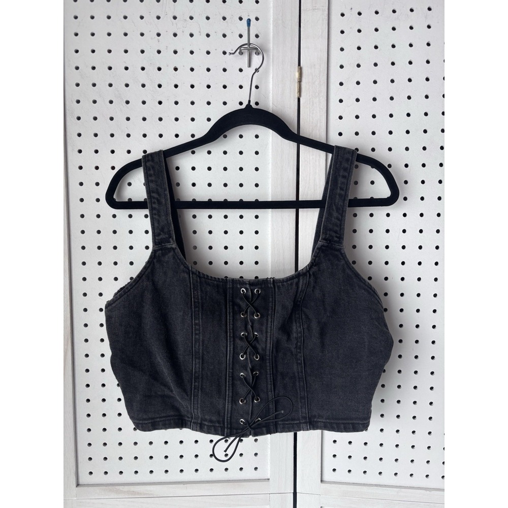 Wild Fable Black Denim Corset Crop Top Lace Up Grunge Gothic Women's Lg